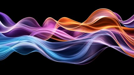 Poster - Iridescent Waves of Purple, Orange, and Blue Flowing Across a Dark Background in an Abstract Design for Artistic and Creative Visuals and Concepts