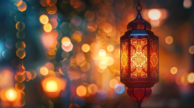 A ramadhan decorative lantern and with copy space on centre, crescent, Generative AI illustrations.