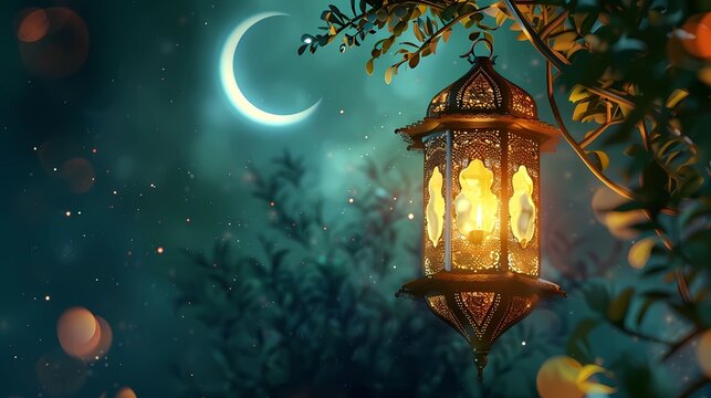 A ramadhan decorative lantern and with copy space on centre, crescent, Generative AI illustrations.