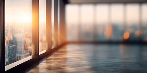 Poster - Sunrise cityscape view through large window, showcasing empty floor space ideal for product placement or text overlay Mockup