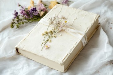 Poster - Cream colored journal adorned with pressed flowers and ribbon in soft natural light on a delicate fabric setting