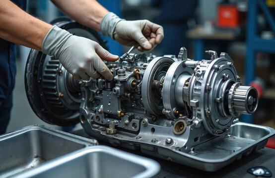 Technician rebuilds automatic transmission, front-wheel drive gearbox. Automotive maintenance, repair in metal workshop. Mechanic with gloves, machine, vehicle component disassembly.