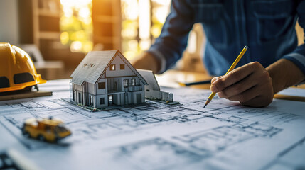 Poster - person reviews blueprints with house model on table
