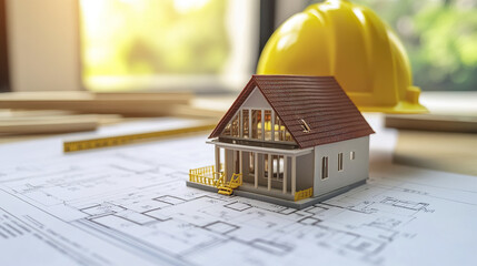 Poster - miniature house model sits on architectural plans, symbolizing construction