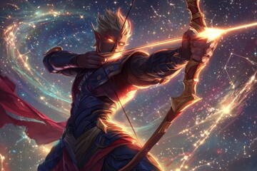 Wall Mural - Mythical Archer Aims Arrow Through Nebula Fantasy Illustration