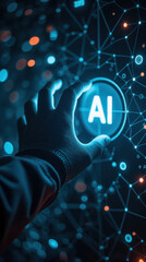 Fototapete - Hand reaching for AI button digital network technology innovation futuristic glowing elements data visualization cybernetic interface
