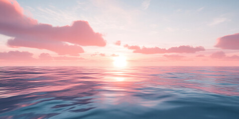 Poster - Pink sunset over calm ocean, reflecting soft hues, creating serene and peaceful atmosphere, ideal for relaxation or travel themes