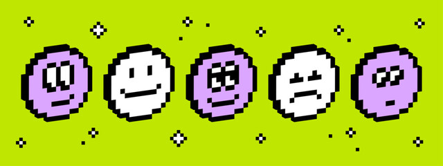 Aufkleber - Pixel art icon set for social media. 3d geometric abstract elements. Vector graphics. retro digital style. gaming y2k style. Smile, sad, faces.