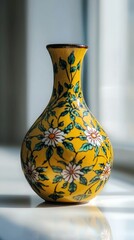 Poster - Ceramic vase displays vibrant yellow color and intricate floral patterns, set against a softly lit background in a cozy room