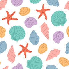 seamless summer pattern of sea shells and starfish, great for summer-themed apparel, home decor items, wallpapers, packaging- vector illustration