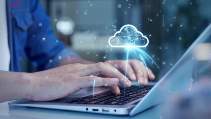 Leinwandbilder - Close-up of hands typing on a laptop with a digital cloud icon overlay, representing cloud computing, data storage, and online connectivity.