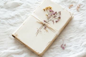 Poster - Cream-colored journal with pressed flowers resting on soft fabric under gentle light