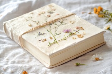 Aufkleber - Cream-colored journal with pressed flowers and ribbon resting on soft fabric in warm, gentle light during afternoon