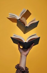 hand holding open book on yellow background. books in air. education, reading, knowledge concept. mo