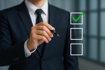 Poster - Businessman in suit marking approval on checklist with a pen indicating readiness and professionalism
