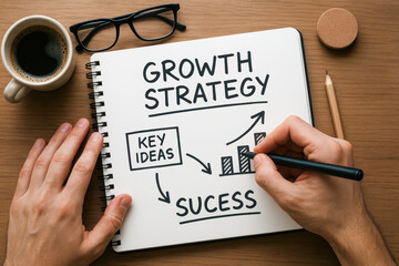 Poster - A detailed growth strategy illustrated on a notebook showcases key ideas leading to success emphasizing planning and visual organization for business development