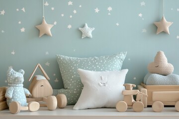 Poster - Cozy pastel nursery corner with wooden toys and soft pillows designed in a soothing style perfect for childrens play and relaxation