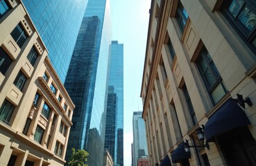 Aufkleber - Commercial building view from below. Skyscrapers and old buildings. Architecture and urban landscape. Modern and historic architecture. Glass and concrete buildings. City district.