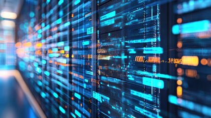 Aufkleber - Blurry futuristic server racks with glowing data lines and digital panels, symbolizing fast data flow, AI technology, and cloud infrastructure. Ideal for IT, cloud, and cyber visuals