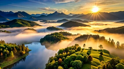 Poster - Golden Sunrise Over a Misty Mountain Valley with Serene Lake and Lush Green Fields