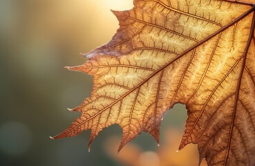 Poster - Close-up of dry leaf with detailed vein structure. Golden, brown colors. Autumn season concept. Nature background, botany, biology, environmental science, close-up shot.