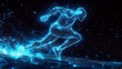 © Mohsin - Futuristic glowing blue wireframe humanoid figure mid sprint composed of intricate neon digital line figure emits soft luminescent glow energy pulse radiating motion background sleek modern gradient