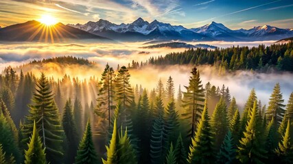 Poster - Majestic Sunrise Over Misty Evergreen Forest and Snow-Capped Mountains