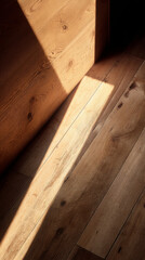 Poster - Light and shadow on light brown wood floor and wall, creating a geometric pattern. Showcase of natural wood texture, ideal for minimalist design concepts.