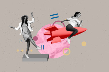 Aufkleber - Banner trend collage of people stand steps launch rocket on grey color background
