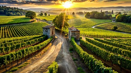 Aufkleber - Golden hour sunlight illuminates lush vineyards and rustic farm buildings at sunset