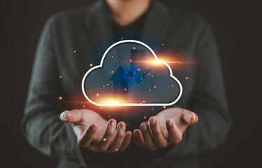 Fototapete - Businessman holding virtual cloud computing on hand with connection line. Cloud computing is a system for sharing download and upload big data information.