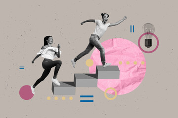Aufkleber - Poster creative collage of people on steps follow light bulb on grey background