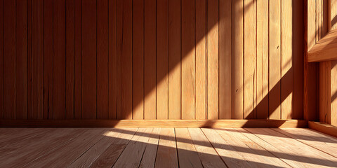 Aufkleber - Wooden wall and floor with sunlight creating shadows, showcasing a rustic and warm atmosphere ideal for background or mockup