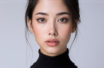 Aufkleber - A stunning face with soft features is centered against a plain background. The beautiful person with brown eyes and dark hair is seen with natural makeup and a high neck top.