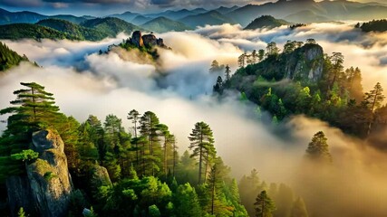 Poster - Majestic Peaks and Lush Forests Embrace the Mystical Morning Mist