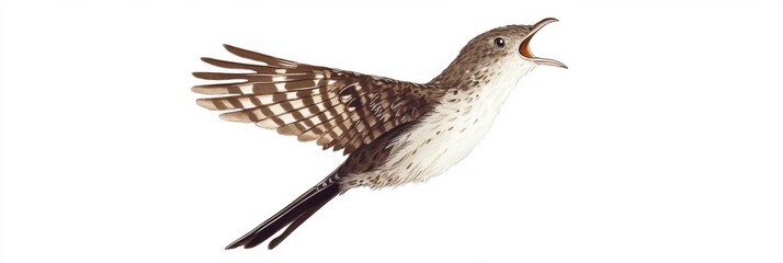 Poster - Cuckoo bird calling with open beak and expressive feathers on a white background showcasing its unique features and vocal behavior