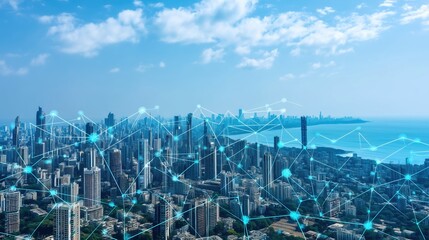Aufkleber - Abstract futuristic smart city concept with glowing digital network connections over blue metropolis skyline, top view of interconnected urban infrastructure with data transfer visualization. Technolo