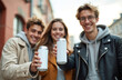 © miss irine - Young people group enjoying drinks outdoors. Friends show canned beverage mockup product. Generation Z urban lifestyle, fun, leisure. Can mock up blank label for beer, alcohol drinks advertisement.