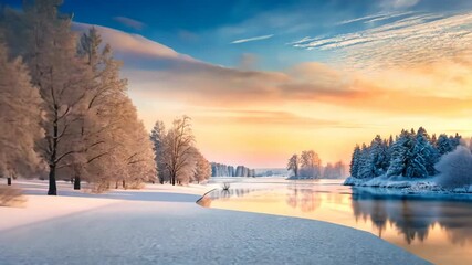 Poster - Serene Winter Wonderland A Tranquil River Reflects the Golden Hues of Dawn