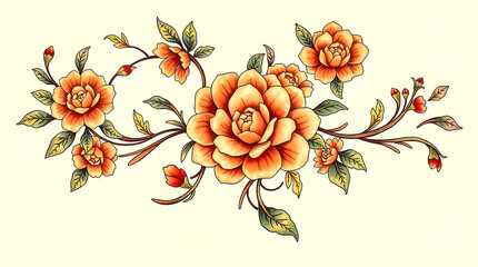 Poster - Intricate floral design featuring orange roses and green leaves on a light background 
