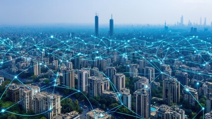 Aufkleber - Abstract futuristic smart city concept with glowing digital network connections over blue metropolis skyline, top view of interconnected urban infrastructure with data transfer visualization. Technolo