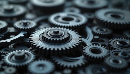 Leinwandbilder - Close-up image of intricate machine gears interconnected creating industrial tech concept. Mechanical engineering, automation, CRM. Business, data processing, efficiency, innovation. Gear wheels,