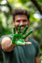 Wall Mural - Female with green paint on hand. Earth Day theme background wallpaper.