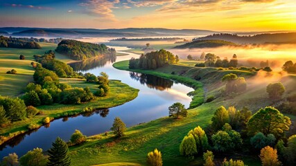 Poster - Serene river winds through lush green valley at sunrise with golden light and gentle fog