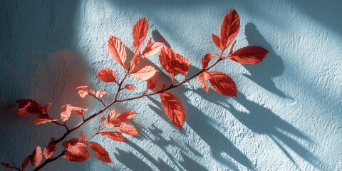 Leinwandbilder - Orange branch with leaves casts shadow on light-blue textured wall, creating a minimalist autumnal scene suitable for design projects or seasonal branding
