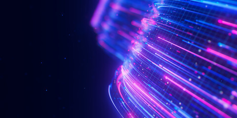 Poster - Closeup of bigdata light speed flow. Abstract digital data stream of quantum computing. Cyberspace of qubit trail waves. Modern tech information transmission.