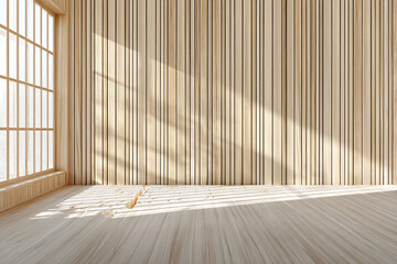 Poster - Light-colored wood floor and wall scene, sunlight streams through window, showcasing empty space ideal for product placement or text overlay, minimalist design, evokes calm and serenity