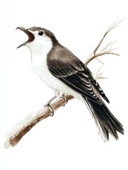 Poster - Cuckoo bird vocalizing with open beak on branch with expressive feathers against a white background