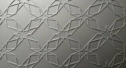 Poster - Gray pattern background. Geometric shapes form a star and diamond pattern. The design is embossed on a gray surface. Repeating shapes create a textured and interesting visual.