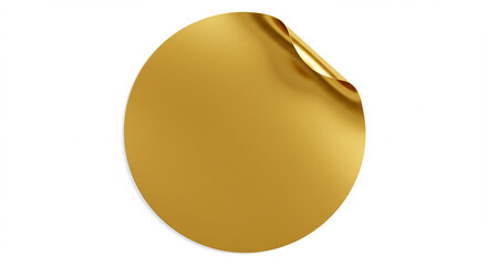 gold sticker on white background. circular shiny gold label with a curled corner. metallic golden su